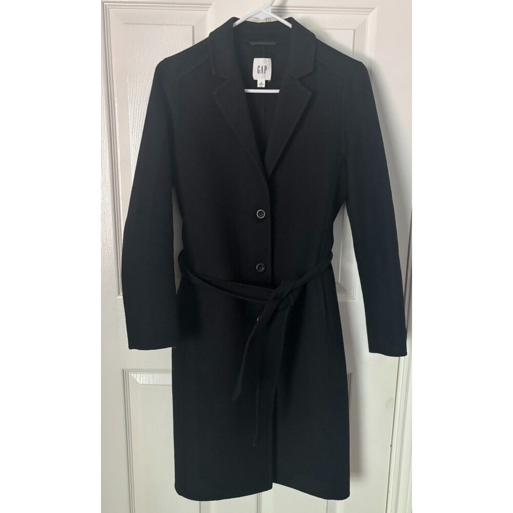 Gap Women Sz XS Petite Wool Trench Coat Wrap Tie Button Pockets Minimalist